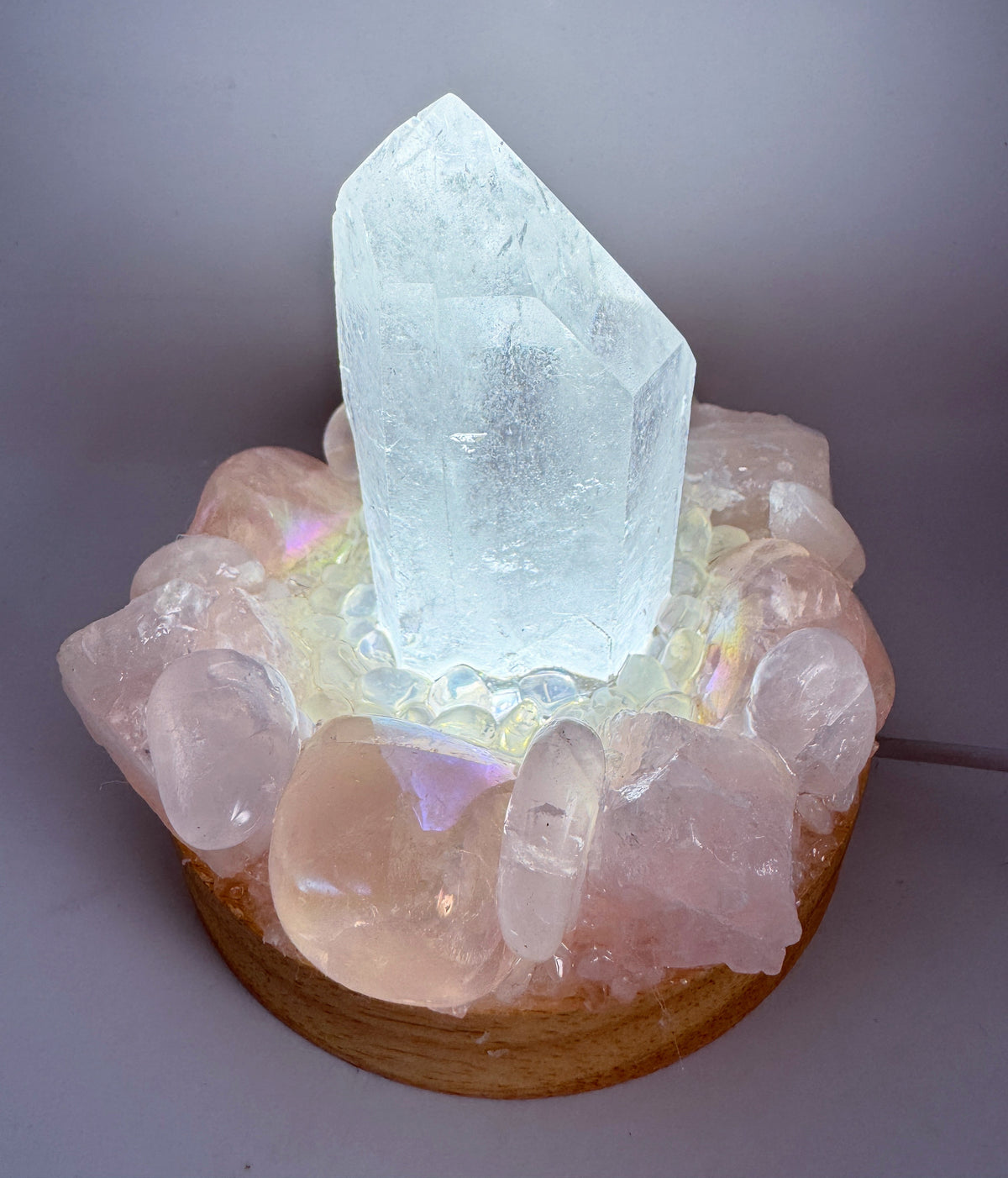 Clear Quartz Point Lamp With Rose Quartz & Rose Aura Quartz