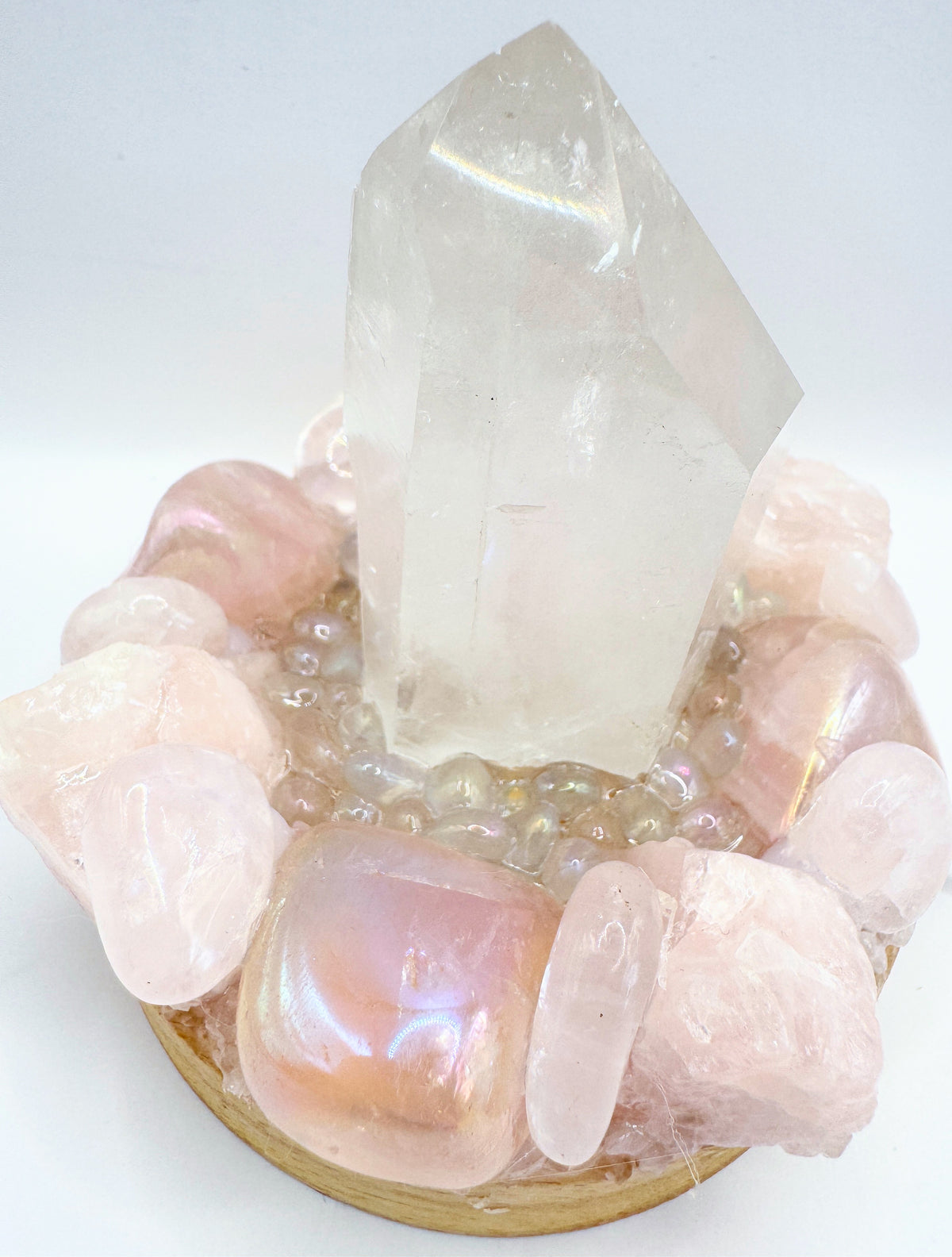 Clear Quartz Point Lamp With Rose Quartz & Rose Aura Quartz