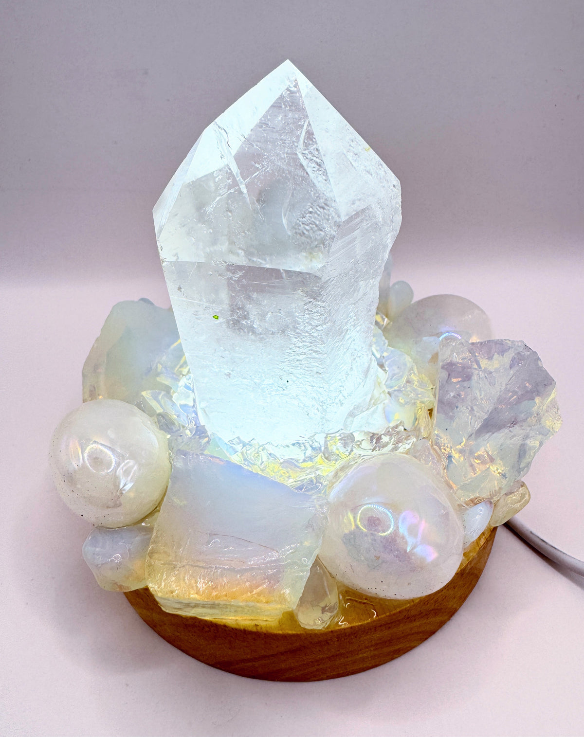 Clear Quartz Point Lamp with Opalite & Aura Quartz