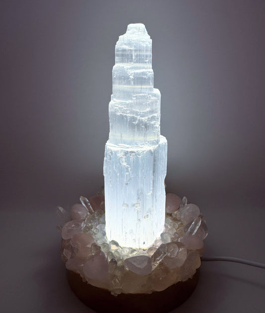 Selenite Tower Lamp (15cm With Rose Quartz)