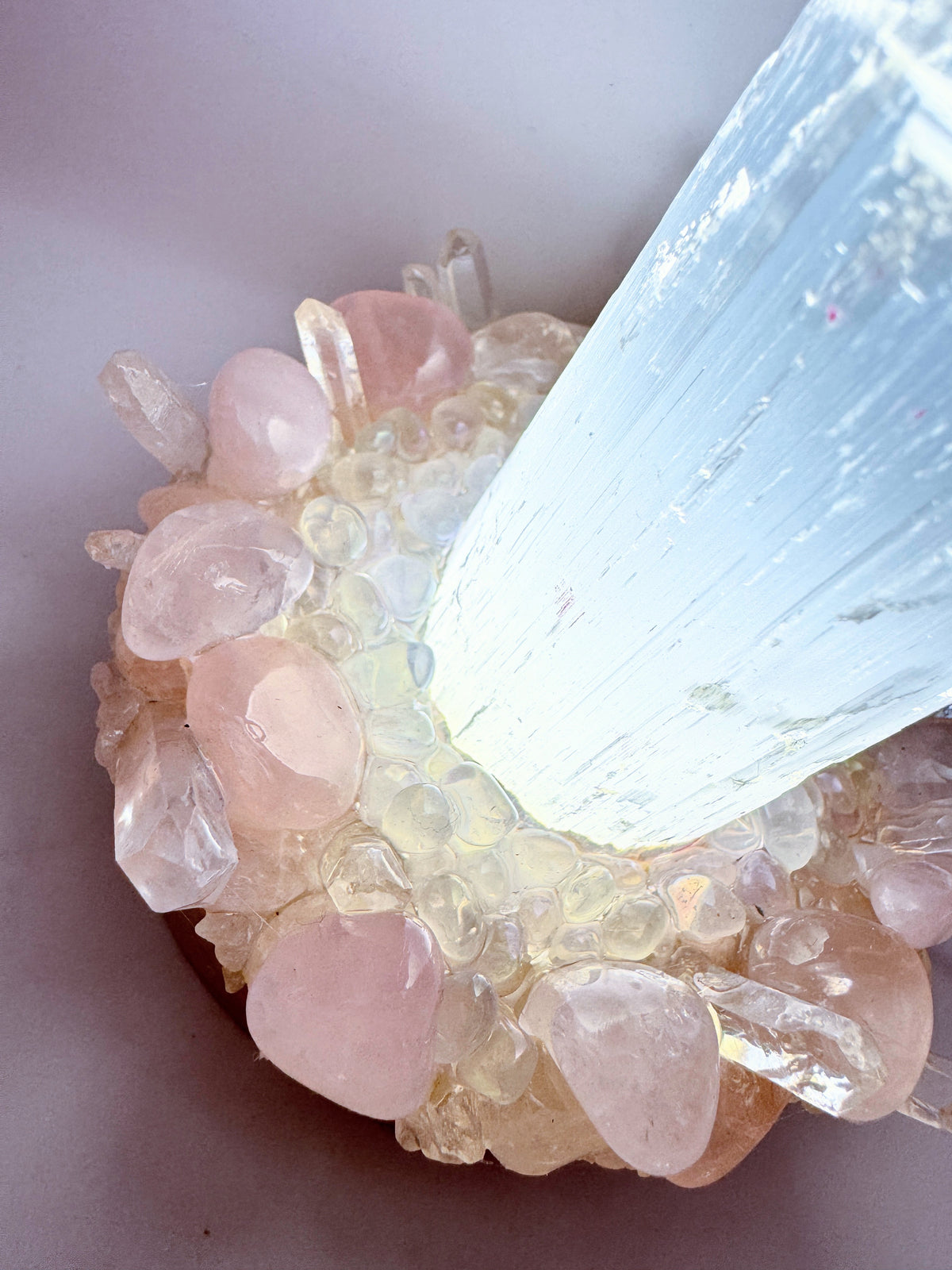 Selenite Tower Lamp (15cm With Rose Quartz)