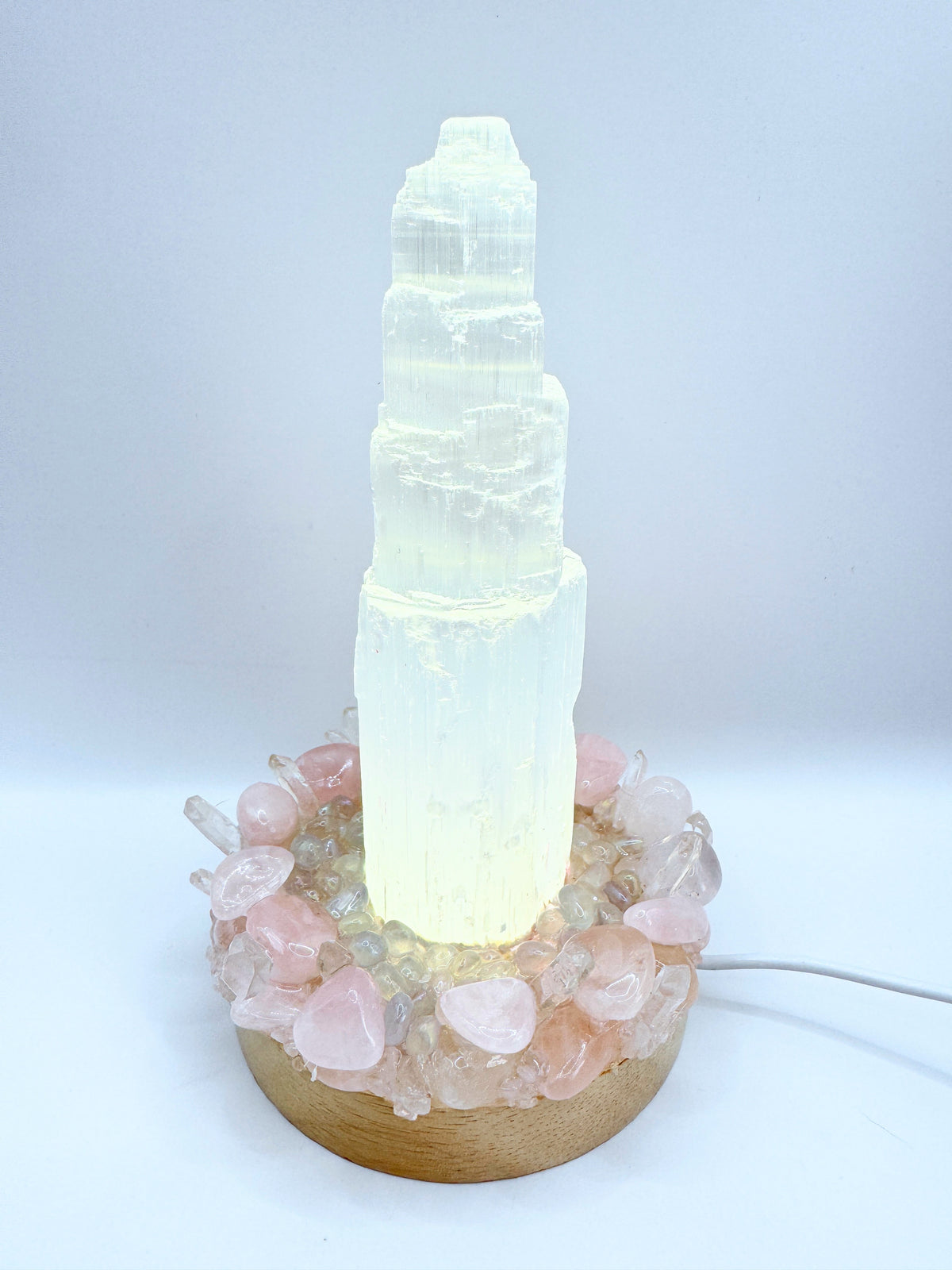 Selenite Tower Lamp (15cm With Rose Quartz)