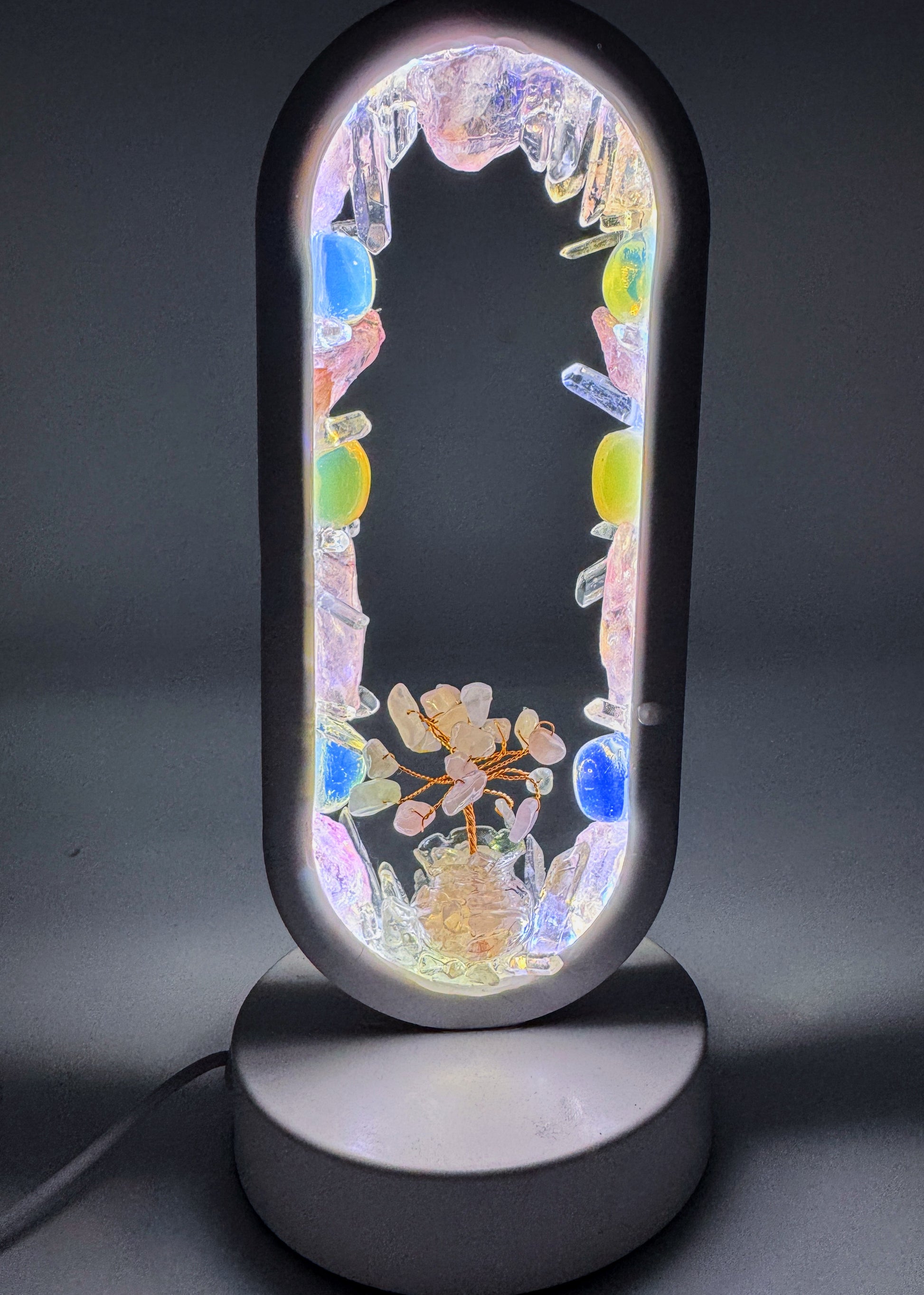 Crystal Lamp “Opal Glow” with Clear Quartz, Rose Quartz, and Opalite, 22cm oval lamp with luminous glow and pastel gradient