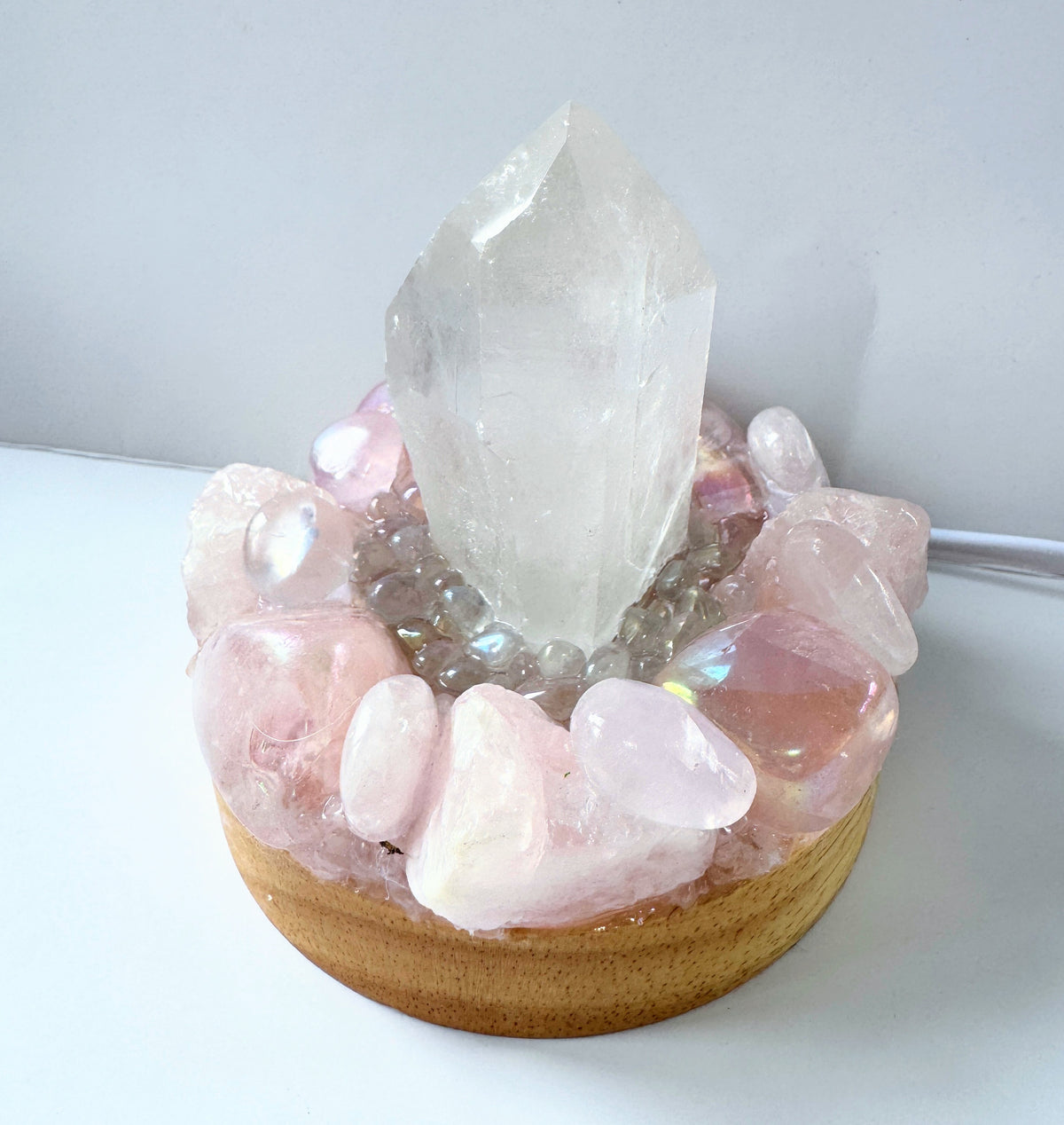 Clear Quartz Point Lamp With Rose Quartz & Rose Aura Quartz