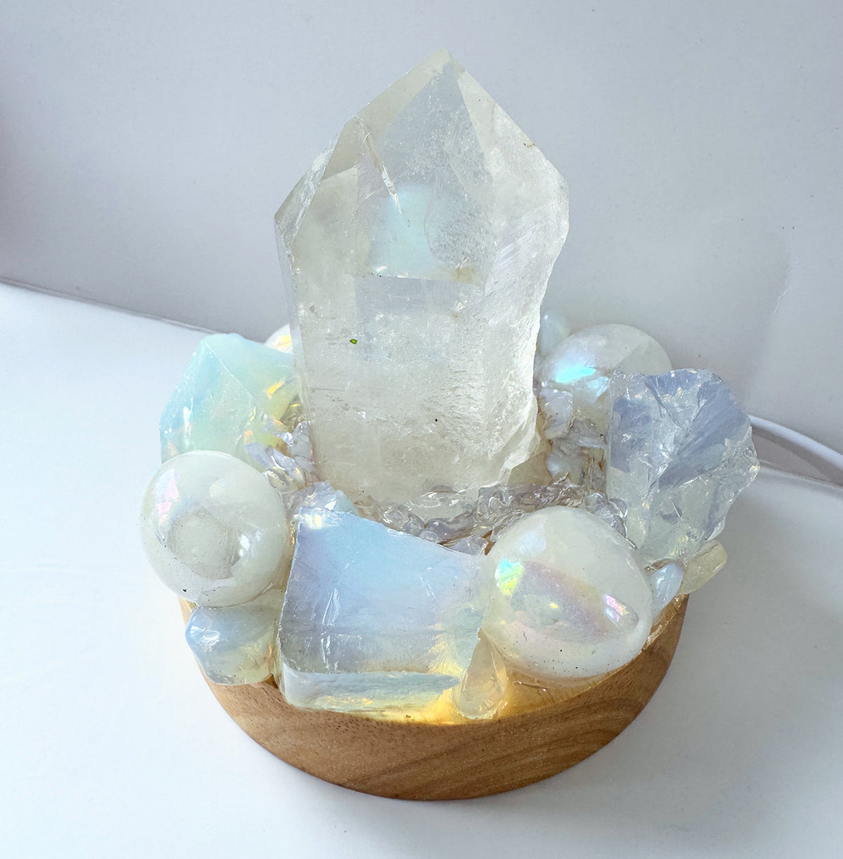 Clear Quartz Point Lamp with Opalite & Aura Quartz