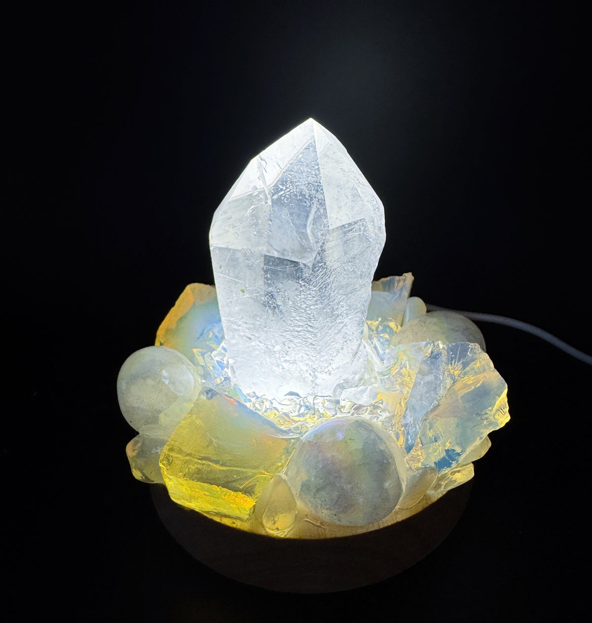 Clear Quartz Point Lamp with Opalite & Aura Quartz