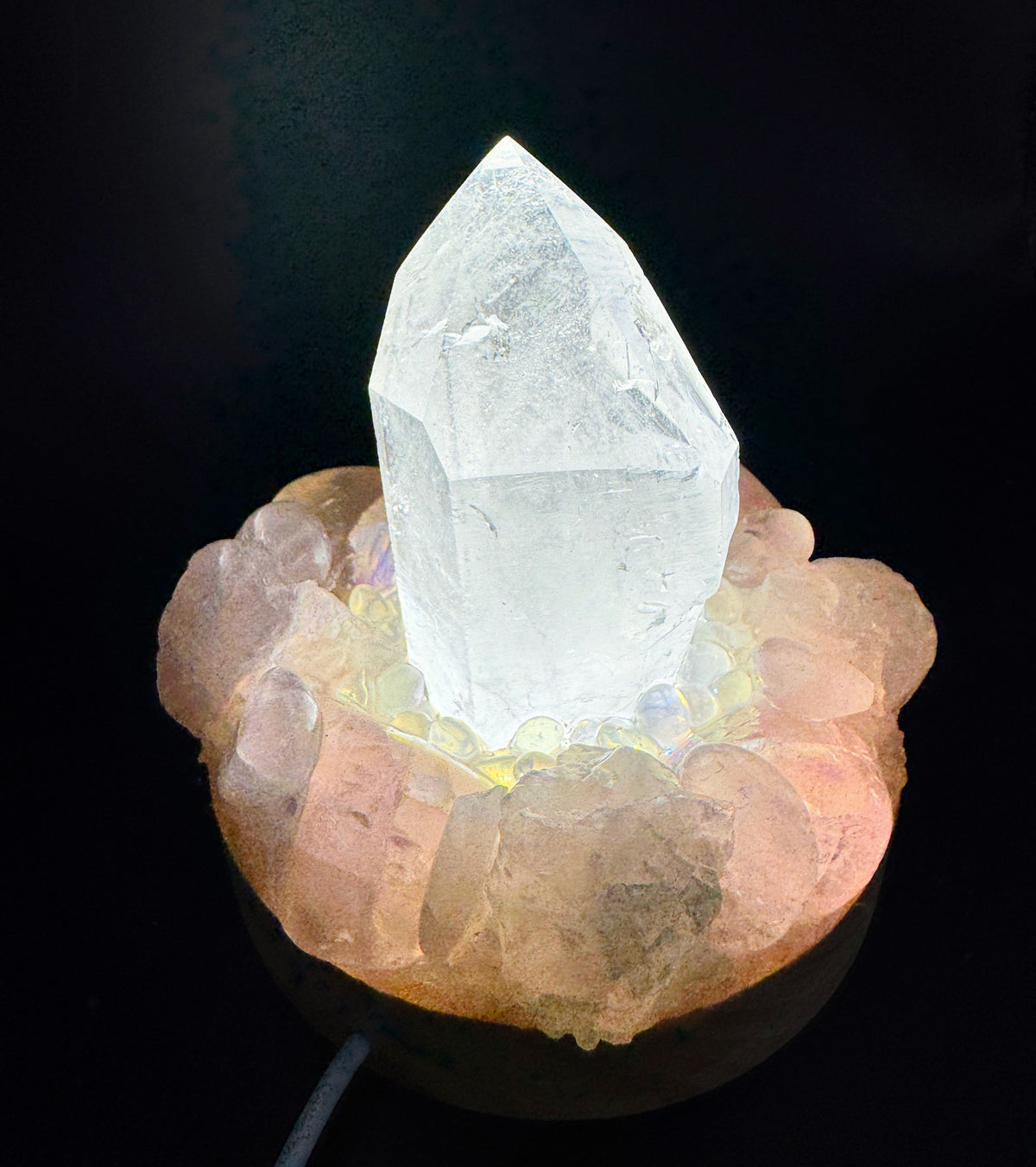 Clear Quartz Point Lamp With Rose Quartz & Rose Aura Quartz