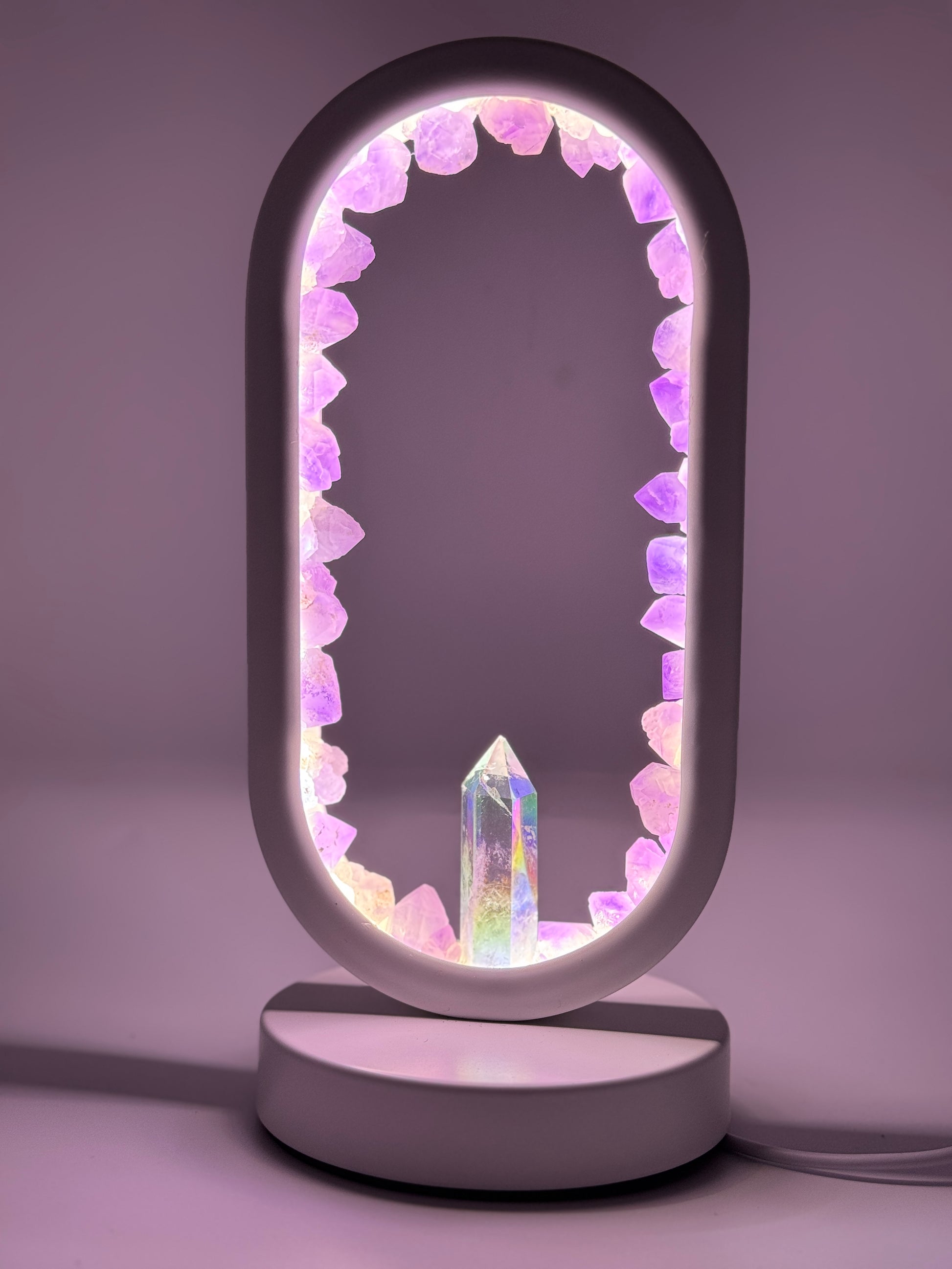 Crystal Portal Lamp with amethyst clusters and angel aura quartz glowing in lavender hues.