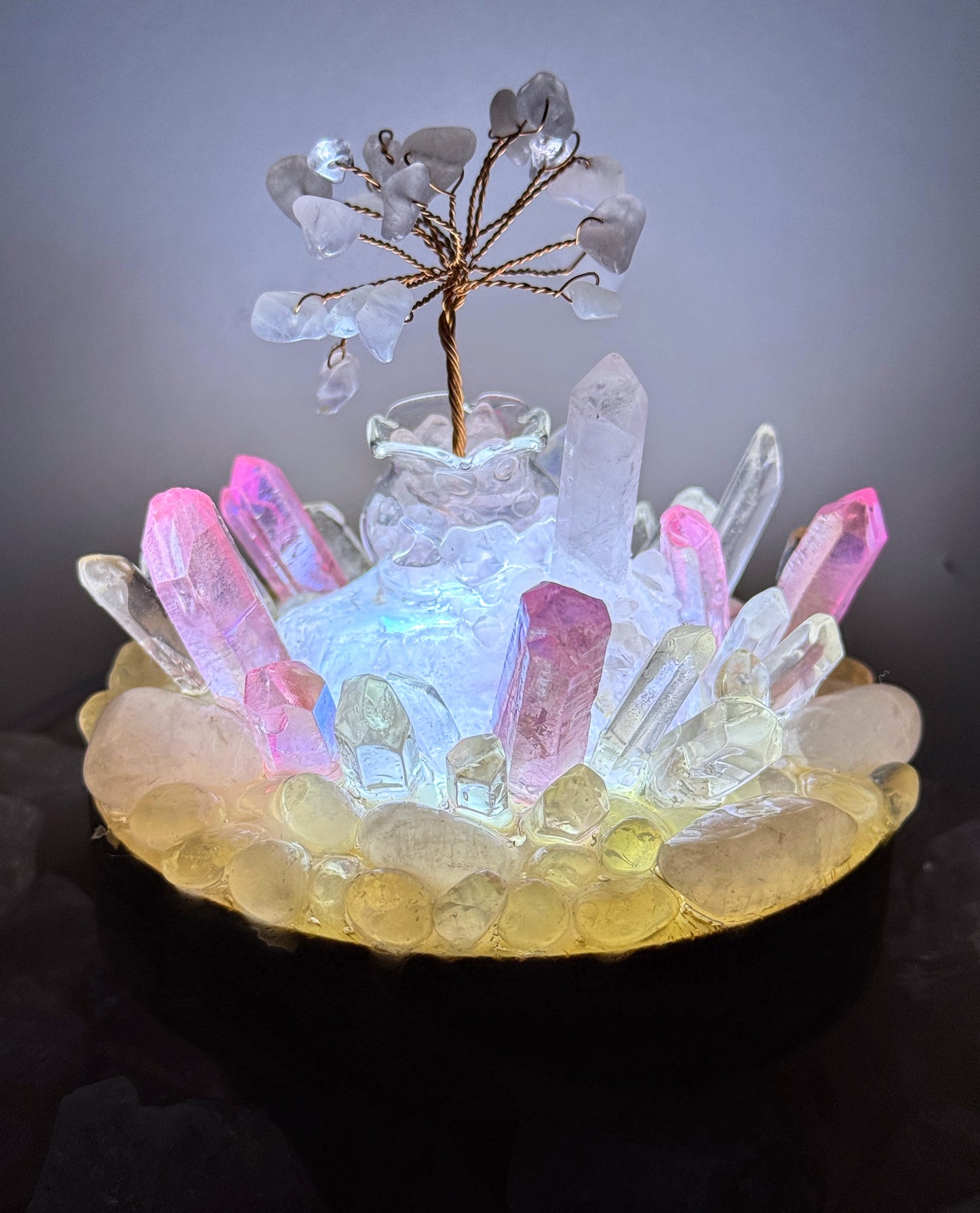 Clear Quartz & Pink Aura Quartz Cluster Lamp LG