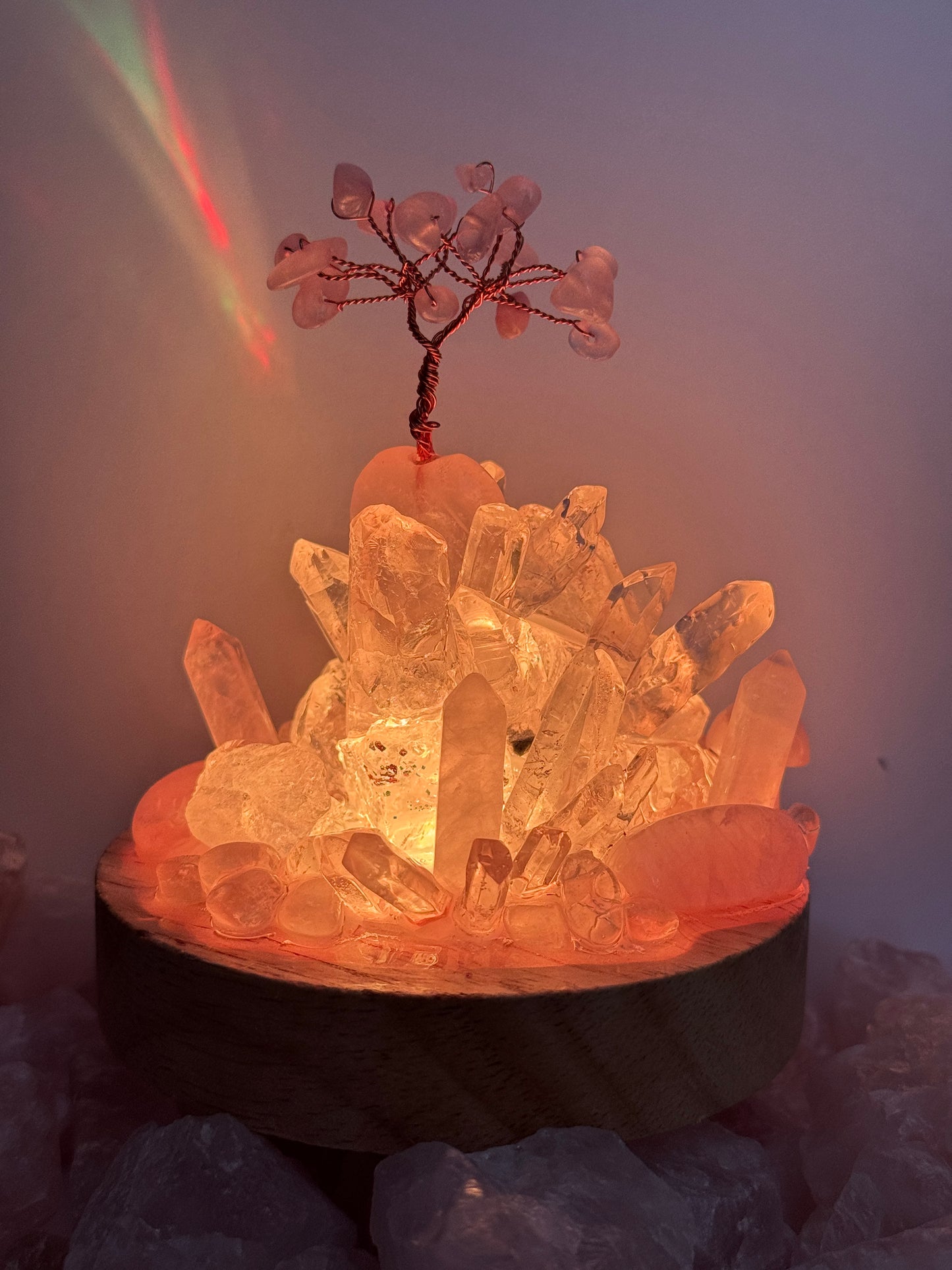 Rainbow Rose Quartz & Clear Quartz Crystal Cluster Lamp LG