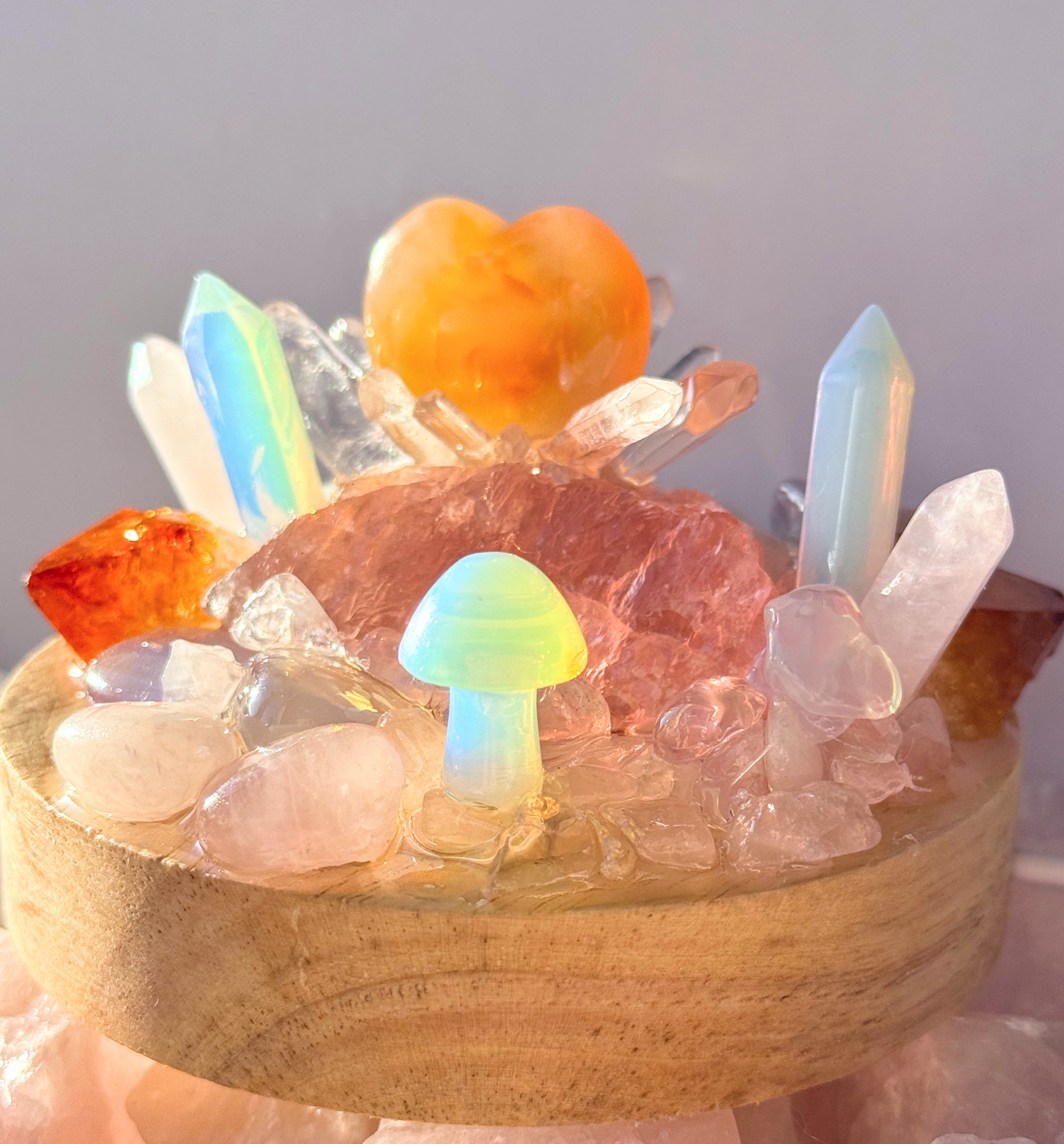 Opalite & Citrine Crystal Cluster Lamp with Rose Quartz and Carnelian accents on a wooden base