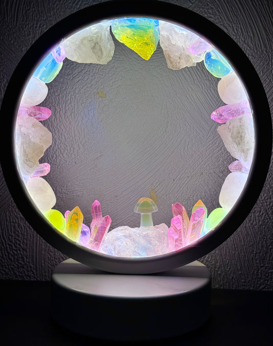 Crystal lamp opalite halo with pink aura quartz and rose quartz, 16 × 18 cm, emits a pastel glow of pinks, blues, and yellows.
