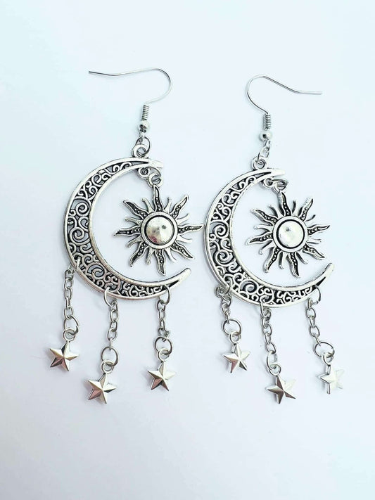 Sun Moon and Stars Earrings - silver