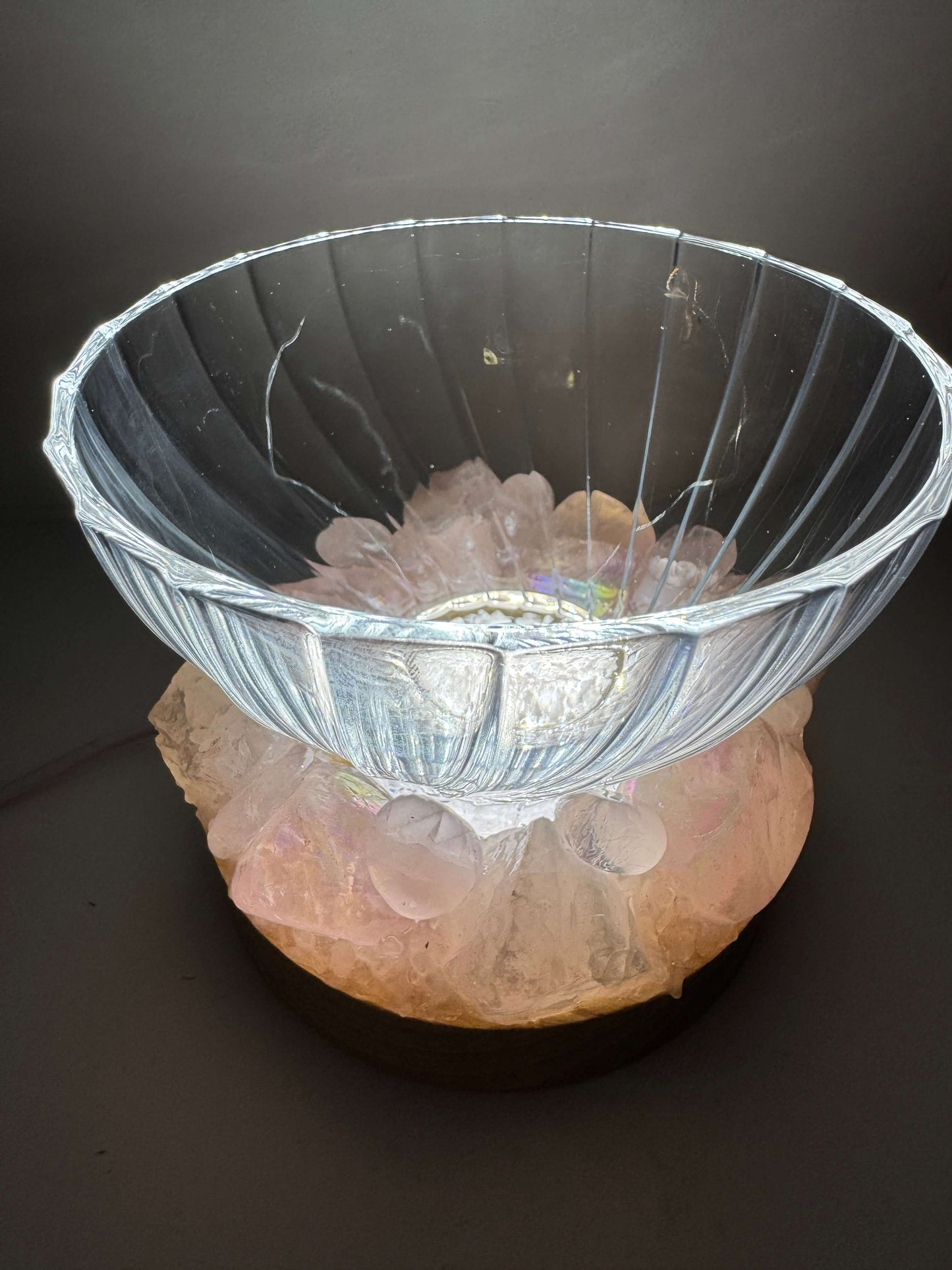 Rose Aura Crystal Bowl with rose quartz on wooden LED base, crystal light bowl enhancing pink tones.
