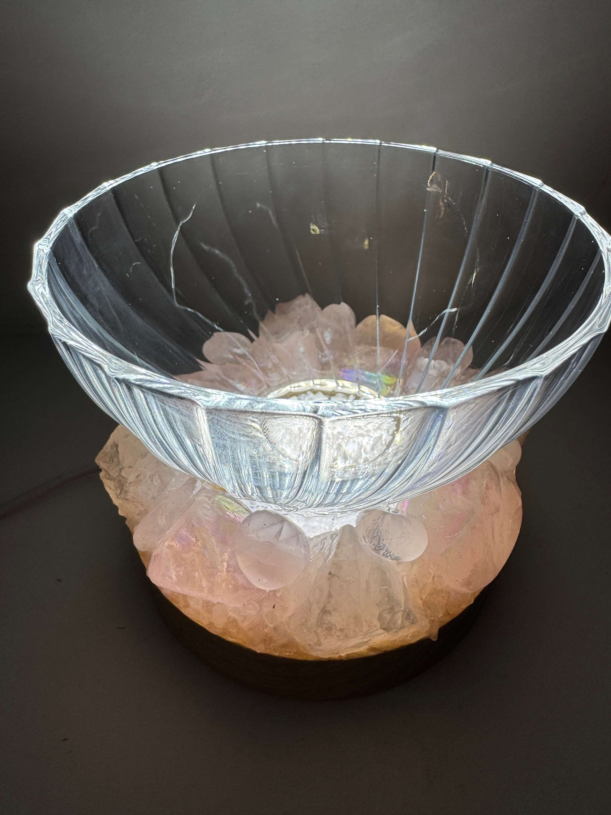 Rose Aura Crystal Bowl with rose quartz on wooden LED base, crystal light bowl enhancing pink tones.