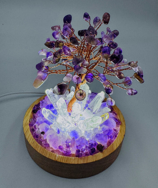 Amethyst & Clear Quartz with Tree Cluster Lamp /LG