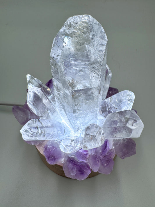 Clear Quartz point & Amethyst cluster lamp/SM