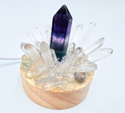 Fluorite & Clear Quartz Cluster Rainbow Lamp /SM