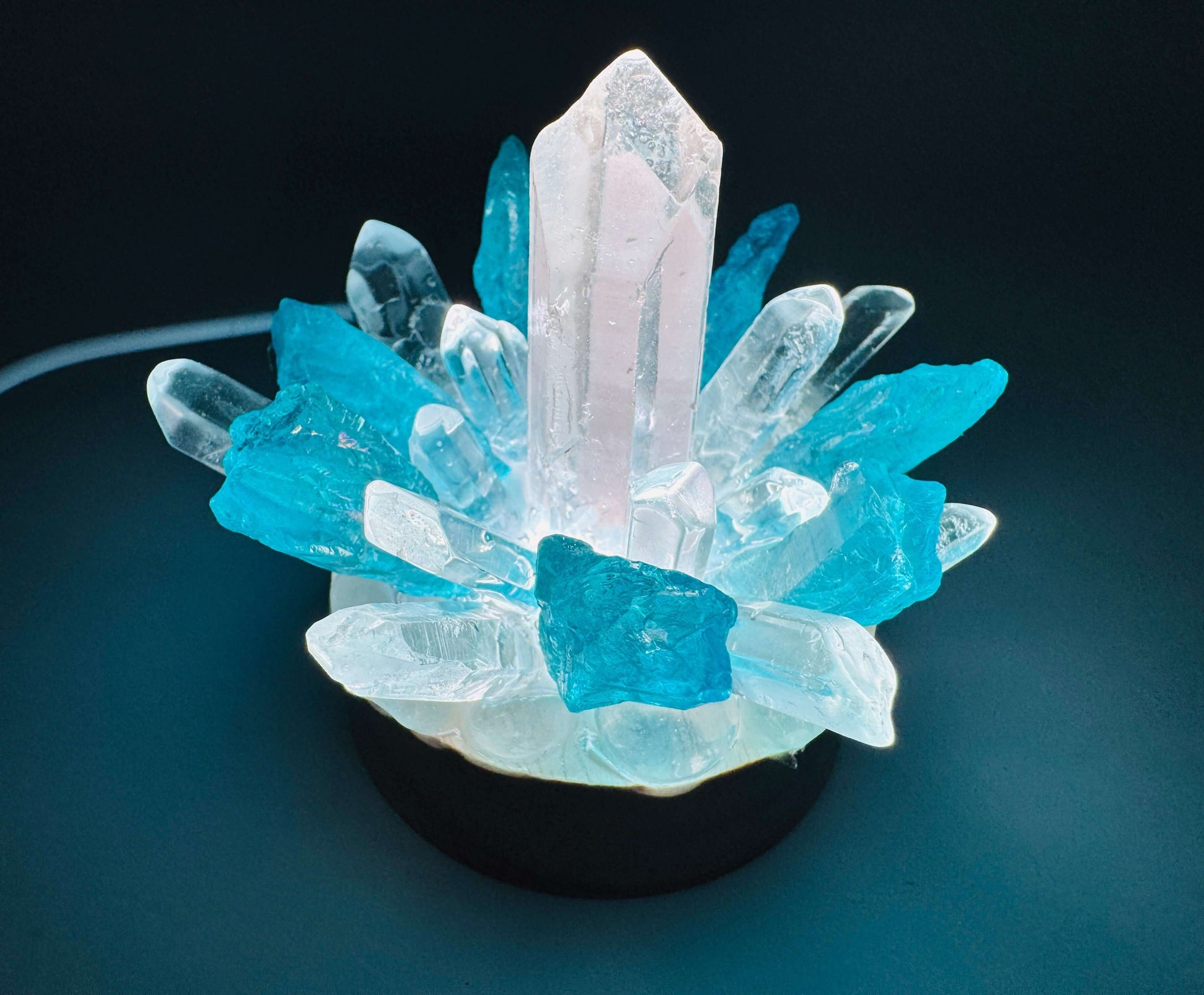 crystal lamp with clear quartz and blue aura quartz on wooden base, LED color-changing light