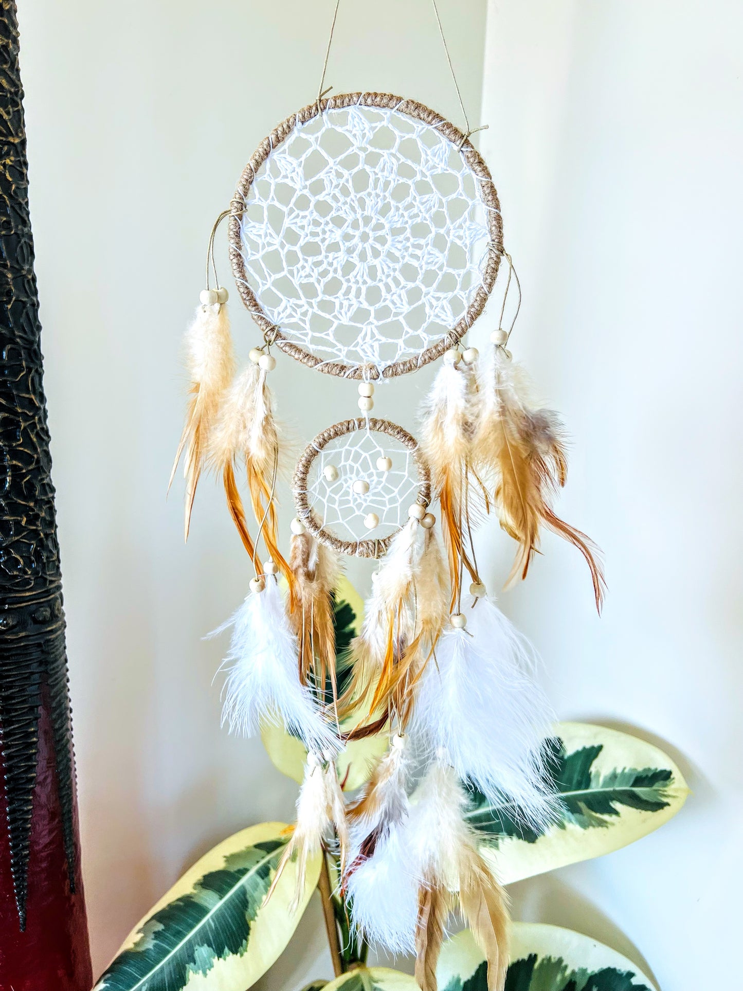 White & Tan Dream Catcher Double Ring.
