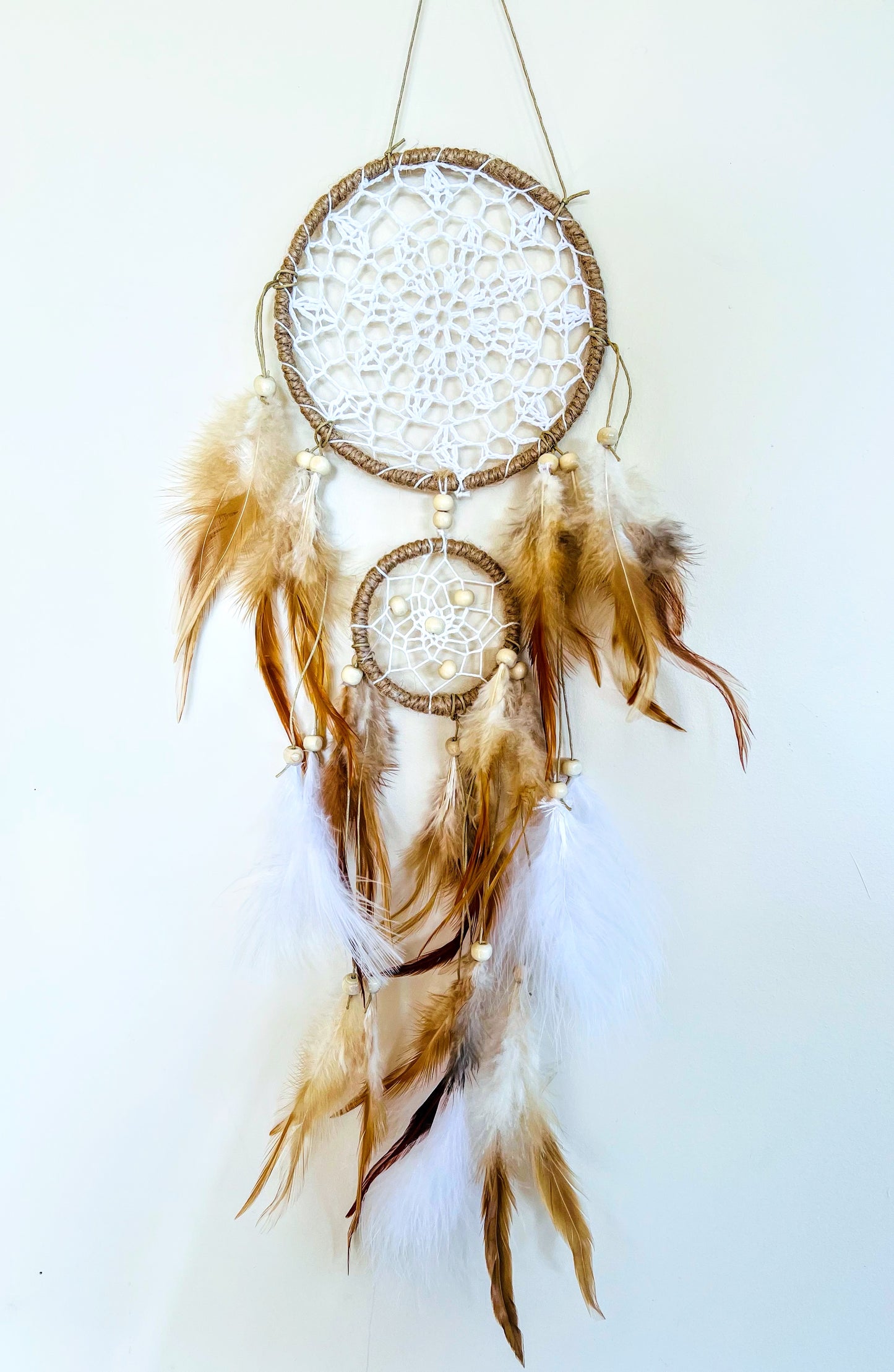 White & Tan Dream Catcher Double Ring.