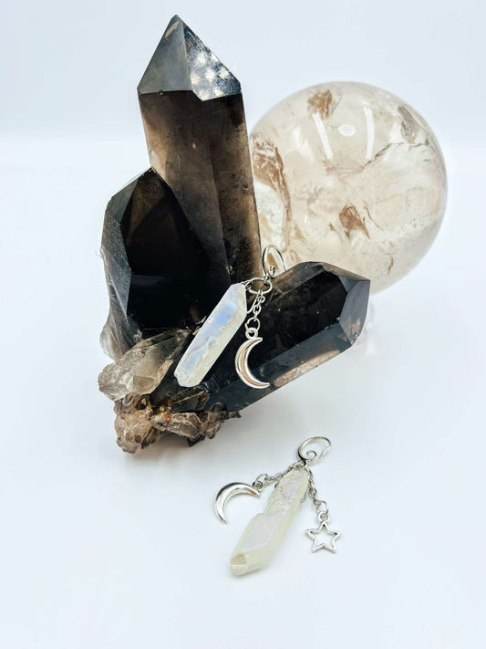 Moon and stars aura quartz earrings