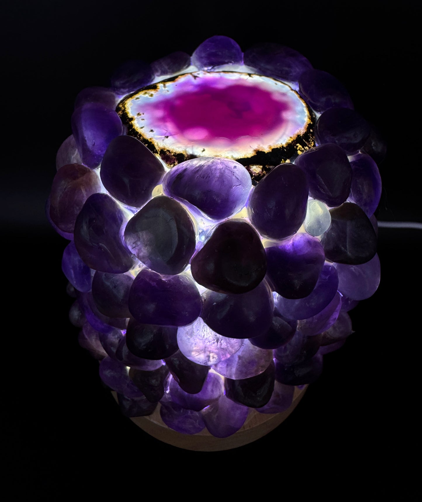 Tumbled Amethyst Dome Lamp with glowing agate center, 13cm height, Crystal Lamp, handmade with polished amethyst stones, 10cm base.