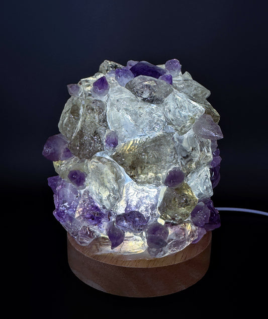 Amethyst & Smoky Quartz Dome Crystal Lamp with a 10cm base and 13cm height, featuring glowing amethyst and smoky quartz stones.