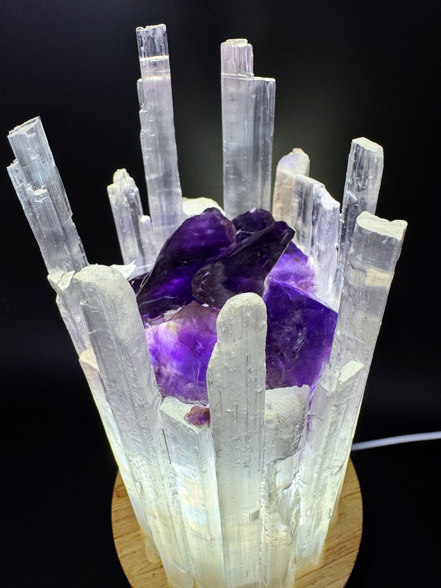 Selenite Crystal Lamp with Amethyst, 10cm base, glowing tower design, handmade, resin coated, 18cm height for home decor.