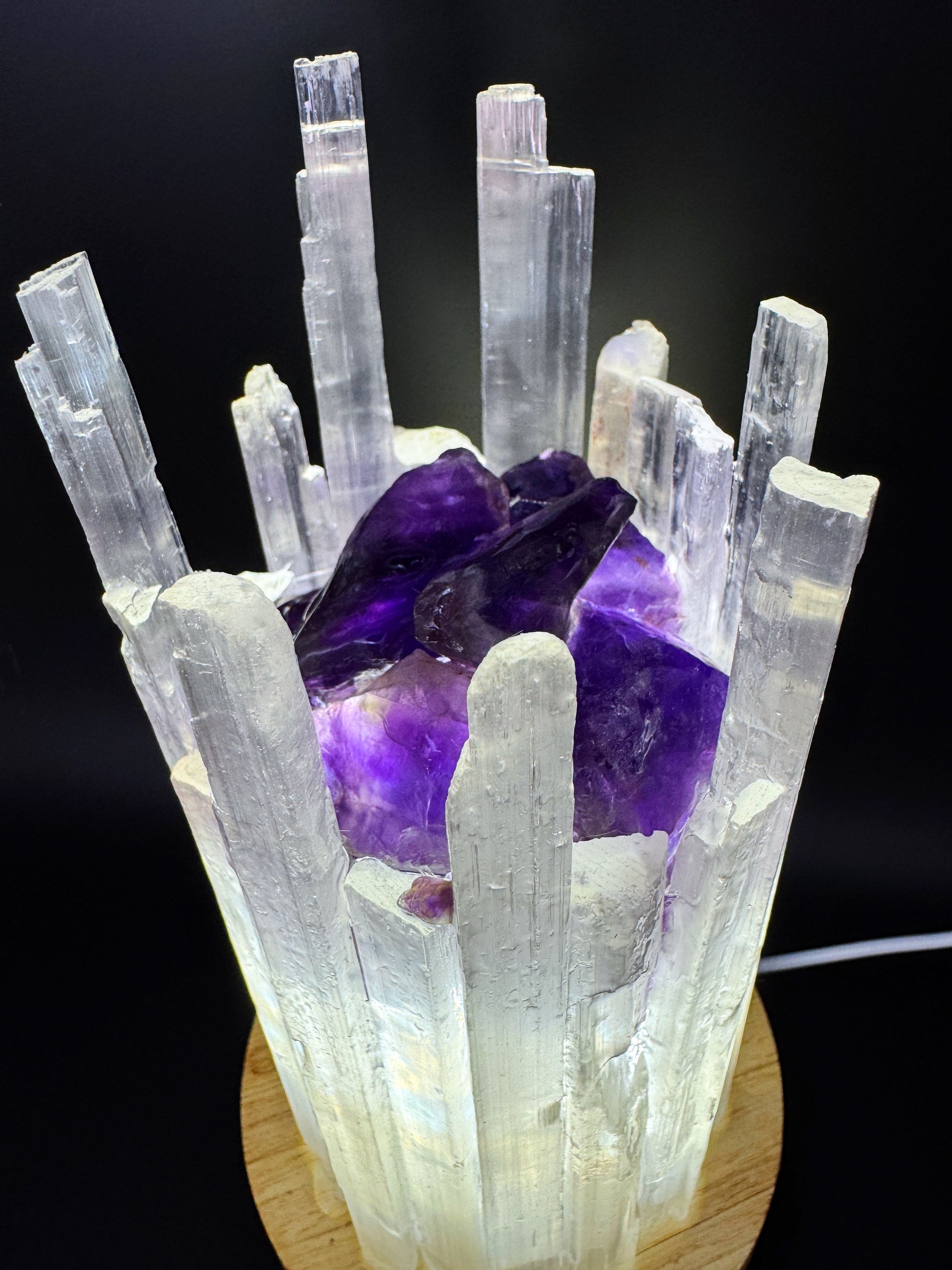 Selenite Crystal Lamp with Amethyst, 10cm base, glowing tower design, handmade, resin coated, 18cm height for home decor.