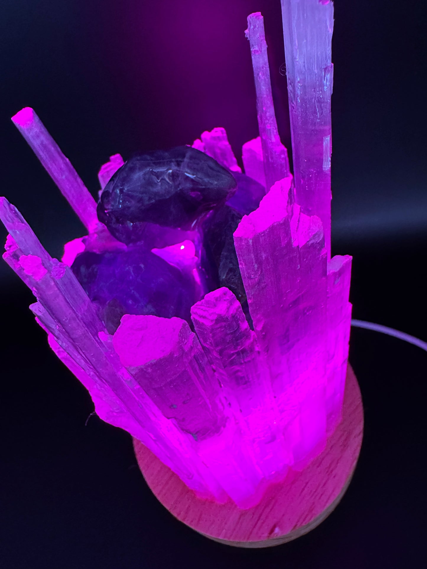 Selenite Crystal Lamp with amethyst stones, 10cm base, glowing pink light, handmade and resin coated for strength.