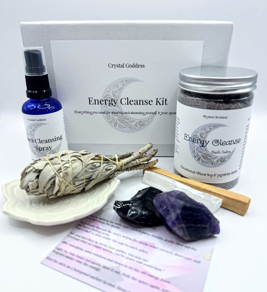 Cleansing gift box with sage, crystals, and spray for energy purification and grounding.