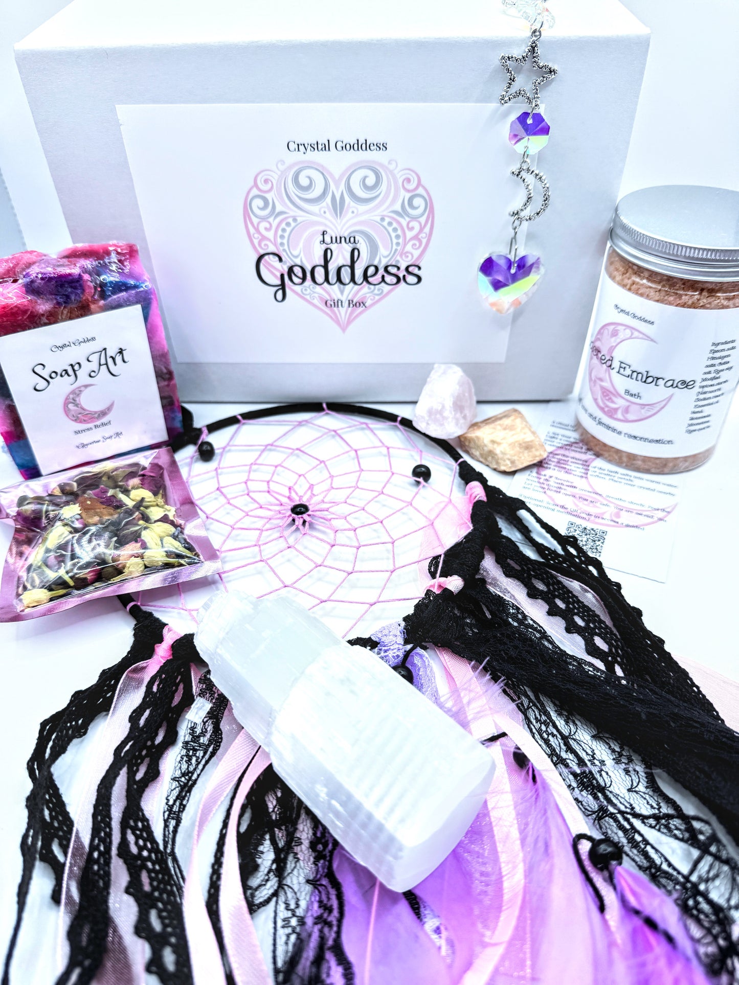 Luna Goddess Gift Box featuring crystals, dreamcatcher, and self-care items for a soothing ritual, perfect gift box.
