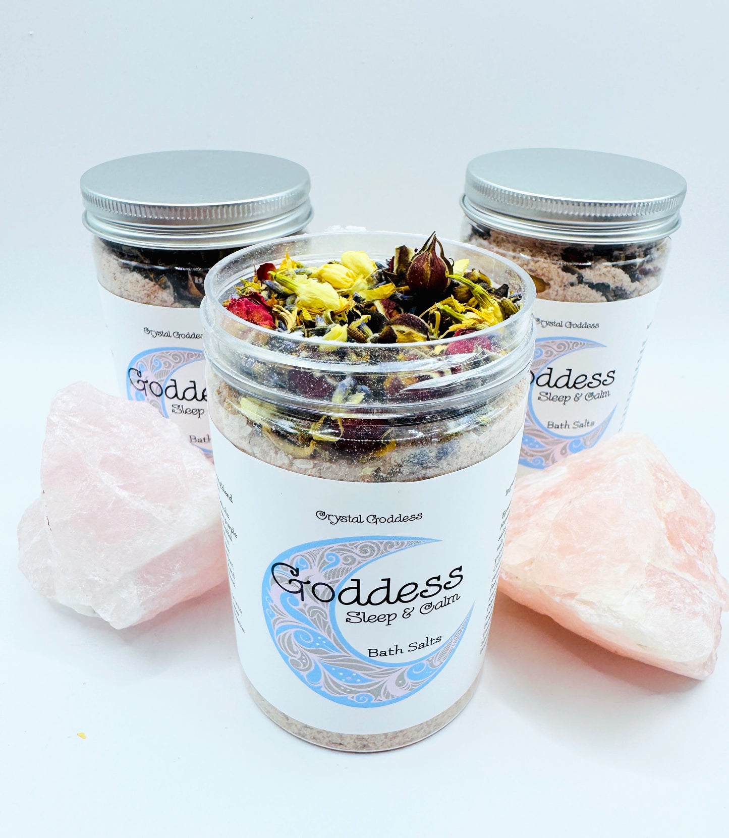 Goddess Sleep & Calm Bath Salts jar with floral ingredients and Himalayan salt, perfect for relaxation and restful sleep.