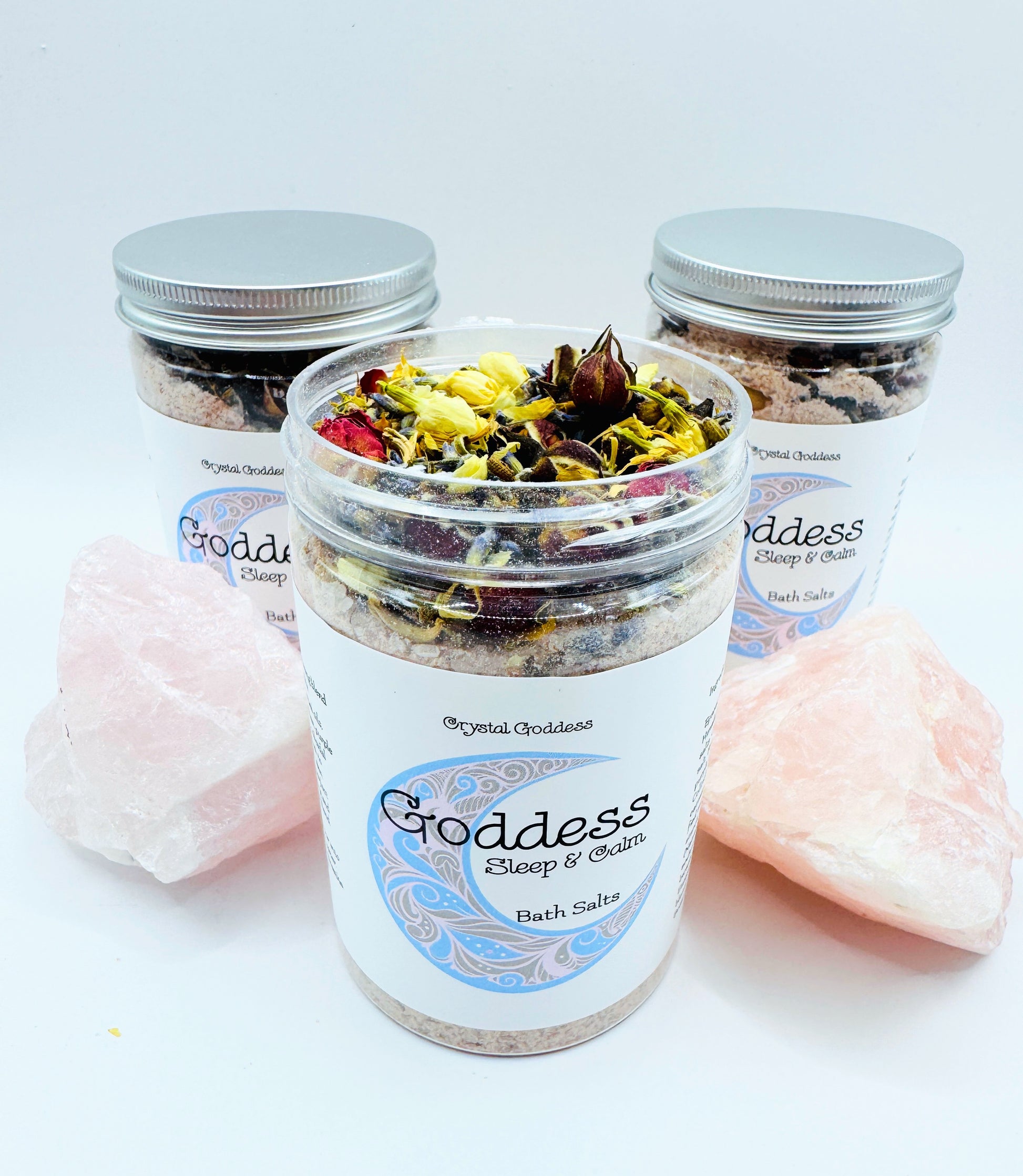 Goddess Sleep & Calm Bath Salts jar with floral ingredients and Himalayan salt, perfect for relaxation and restful sleep.