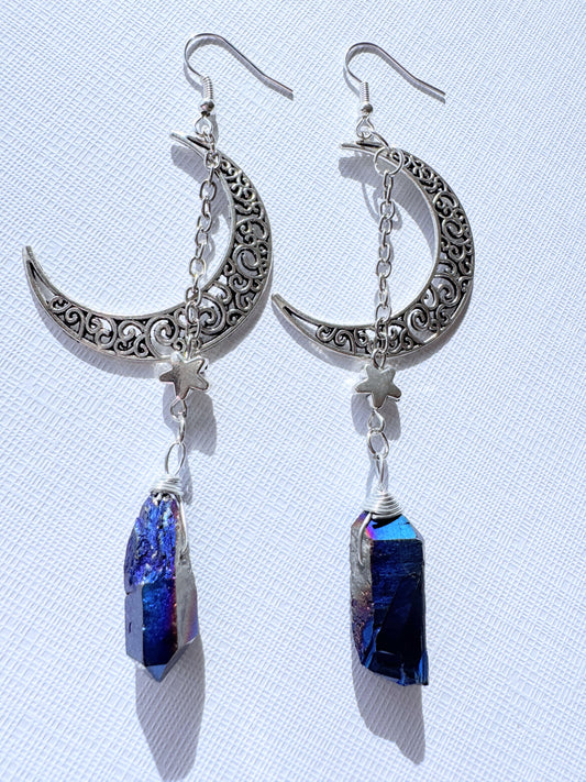 Crescent moon with titanium Aura earrings