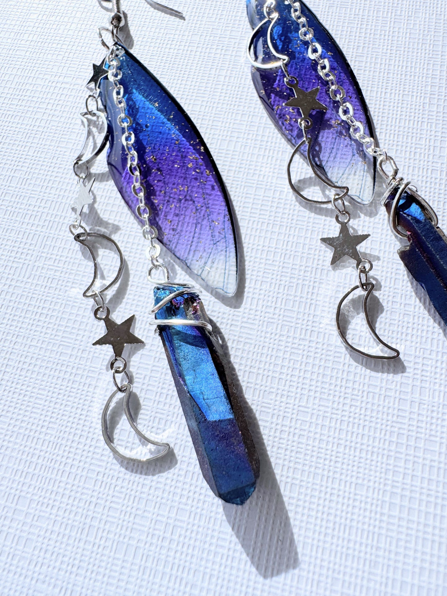 Fairy wing with titanium aura quartz earrings