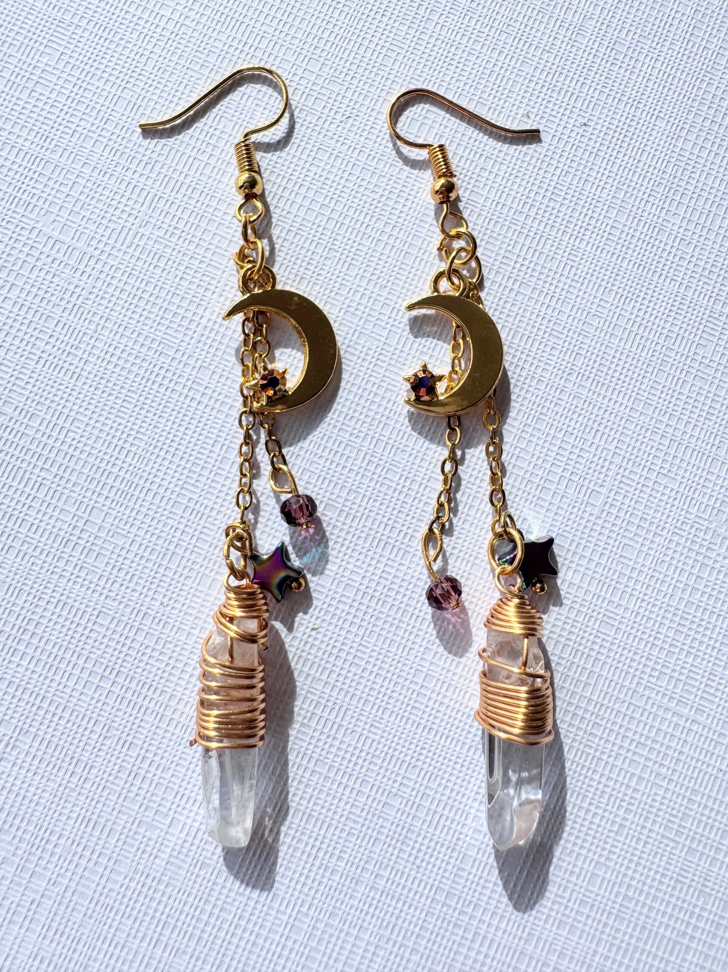 Gold moon & clear quartz earrings