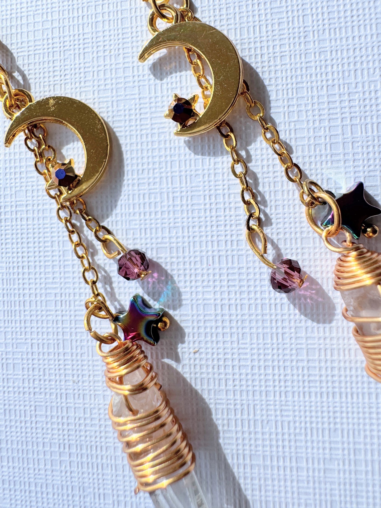 Gold moon & clear quartz earrings