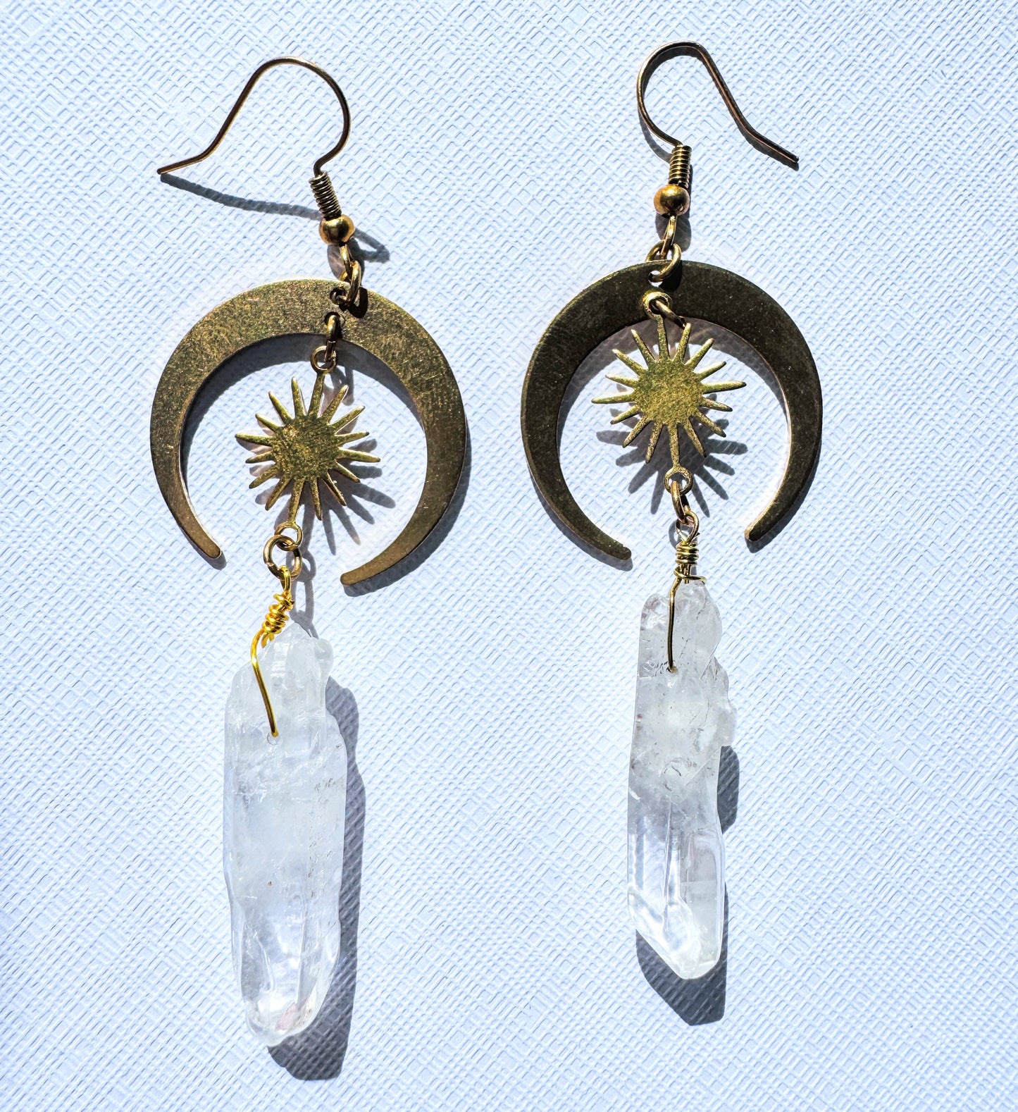 Gold Half Moon Earrings With Clear Quartz.