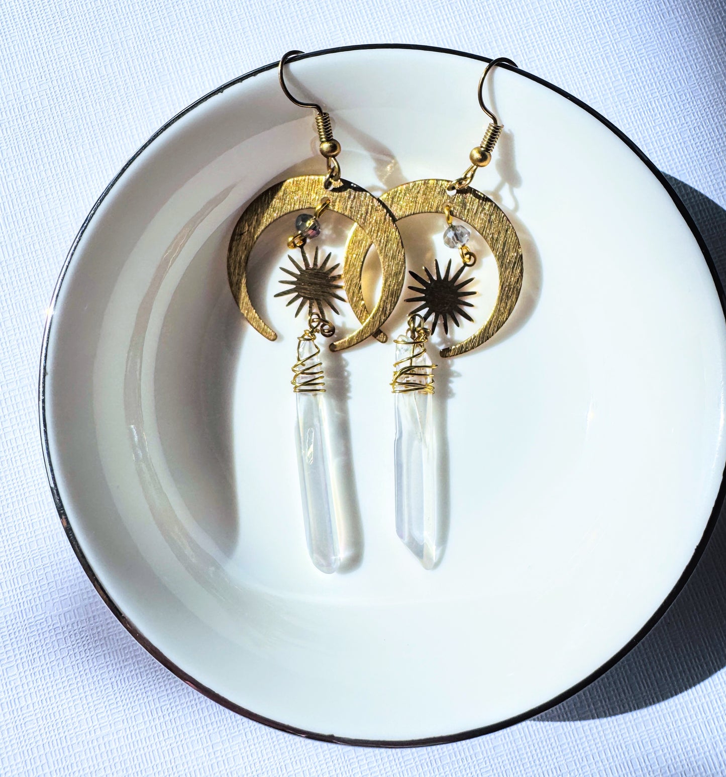 Gold Half Moon Earrings With Clear Quartz.