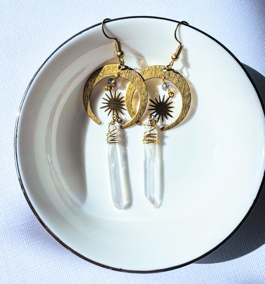Gold Half Moon Earrings With Clear Quartz.