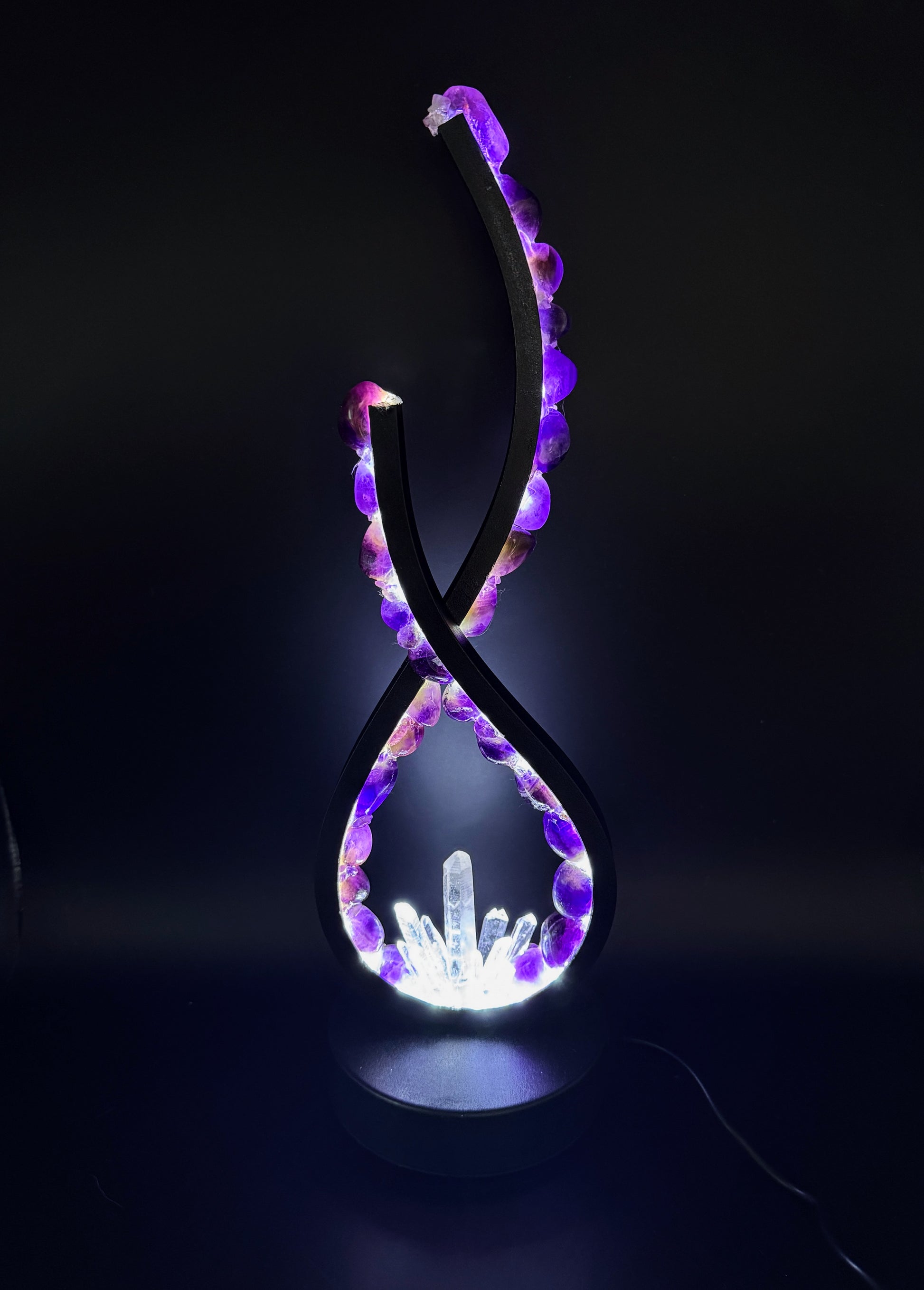 Flame Crystal Lamp "Heavens Gate" featuring polished amethyst stones and clear quartz base, 32 cm height crystal lamp.