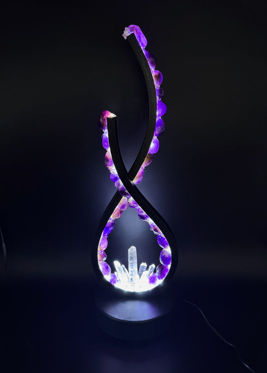 Flame Crystal Lamp "Heavens Gate" featuring polished amethyst stones and clear quartz base, 32 cm height crystal lamp.