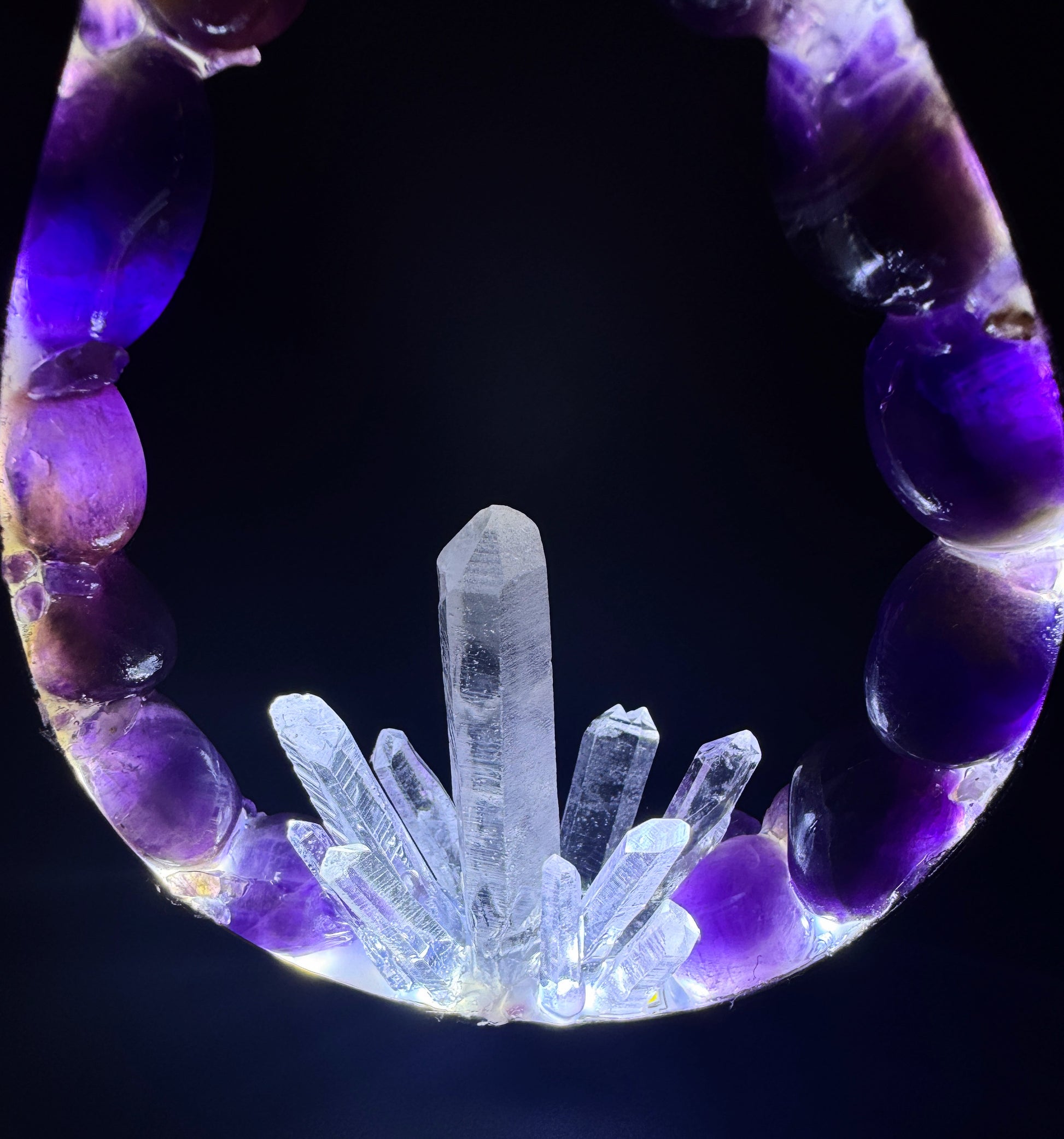 Flame Crystal Lamp "Heavens Gate" with polished amethyst stones and central clear quartz points. Crystal lamp design.