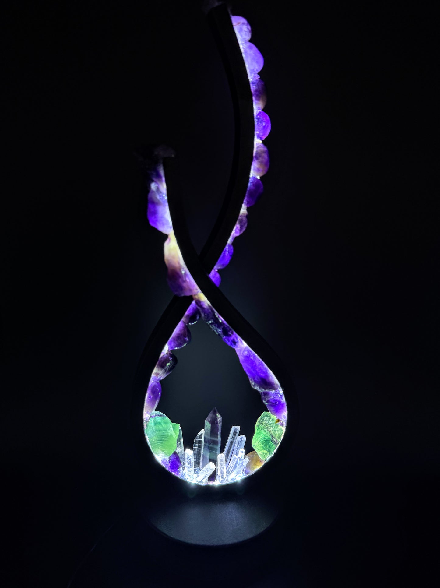 Flame Crystal Lamp featuring Amethyst and Fluorite with glowing clear quartz points, showcasing a stunning design.