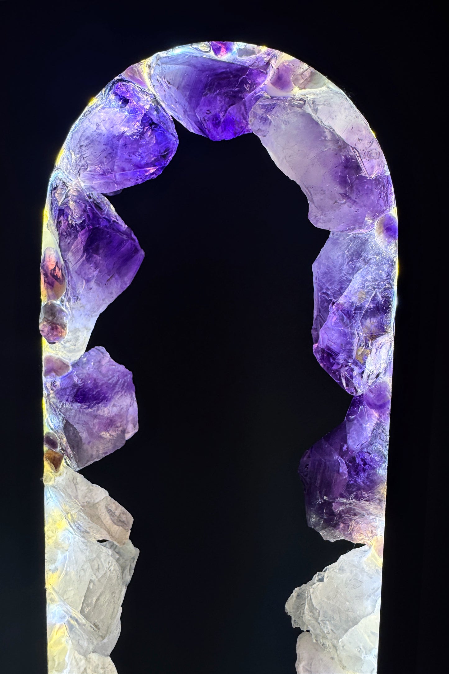 Crystal Portal Lamp “Rose Aura” featuring a vibrant amethyst and rose quartz design, showcasing deep violet hues.