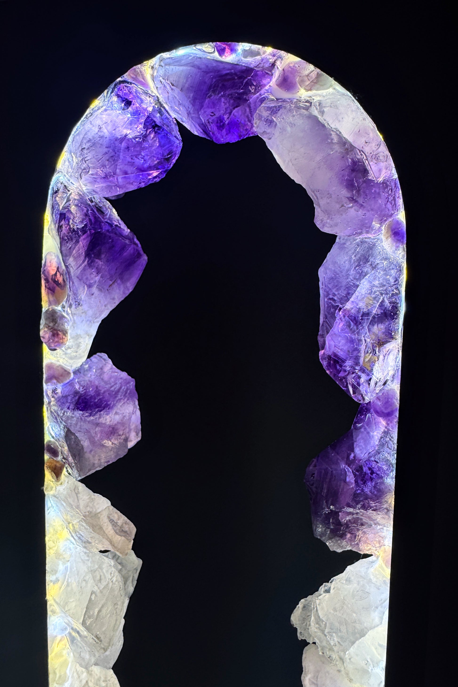 Crystal Portal Lamp “Rose Aura” featuring a vibrant amethyst and rose quartz design, showcasing deep violet hues.
