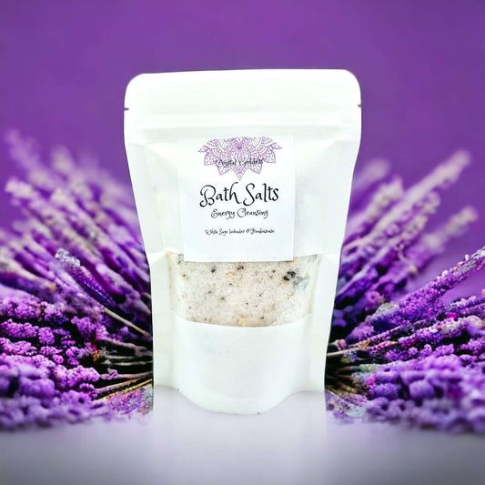 Energy cleansing bath salts in white pouch 