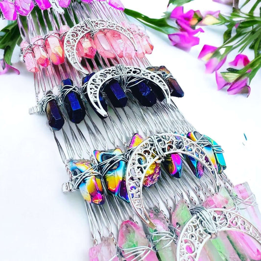 several crystal hair combs shown on white background with flowers.